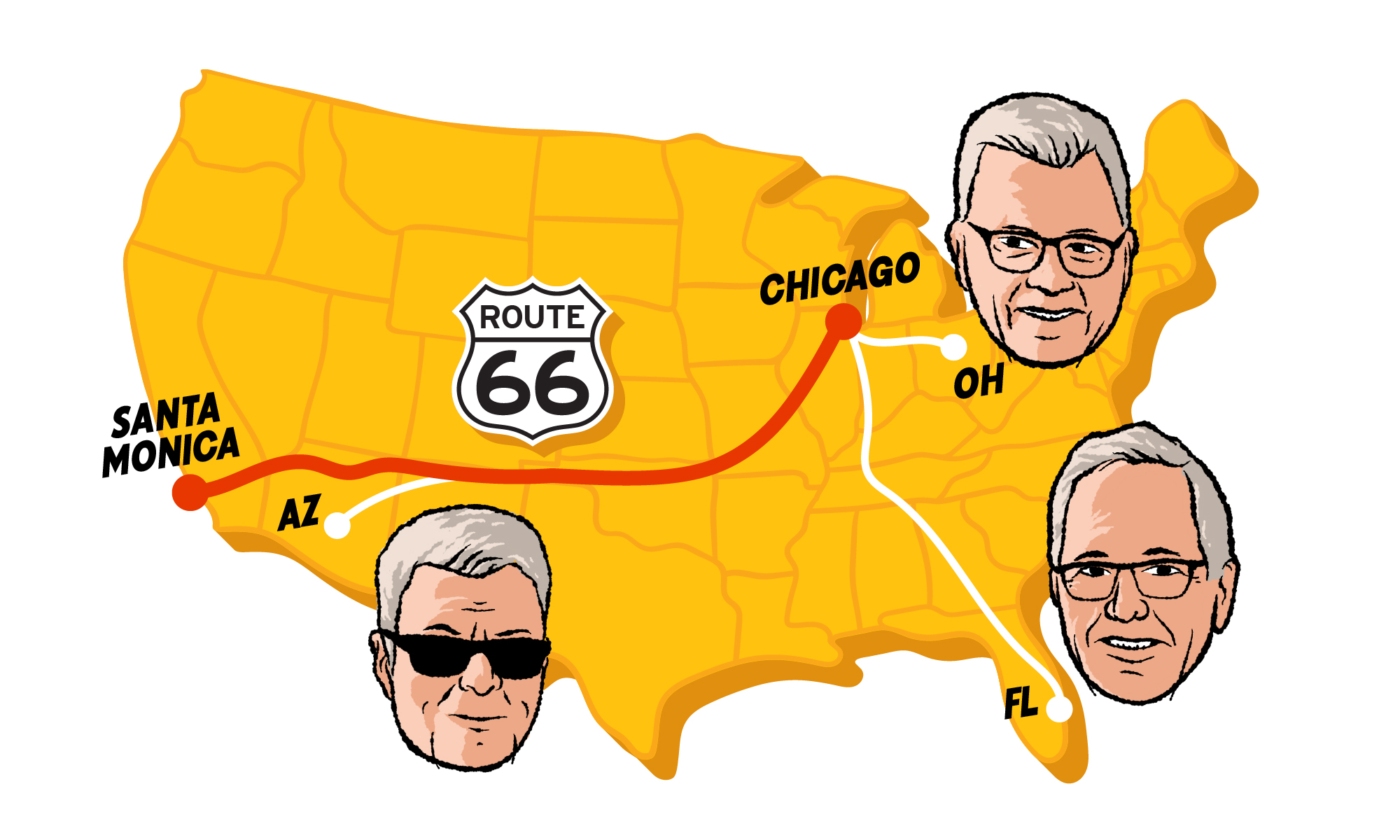 A map of the united states with three men 's faces on it.